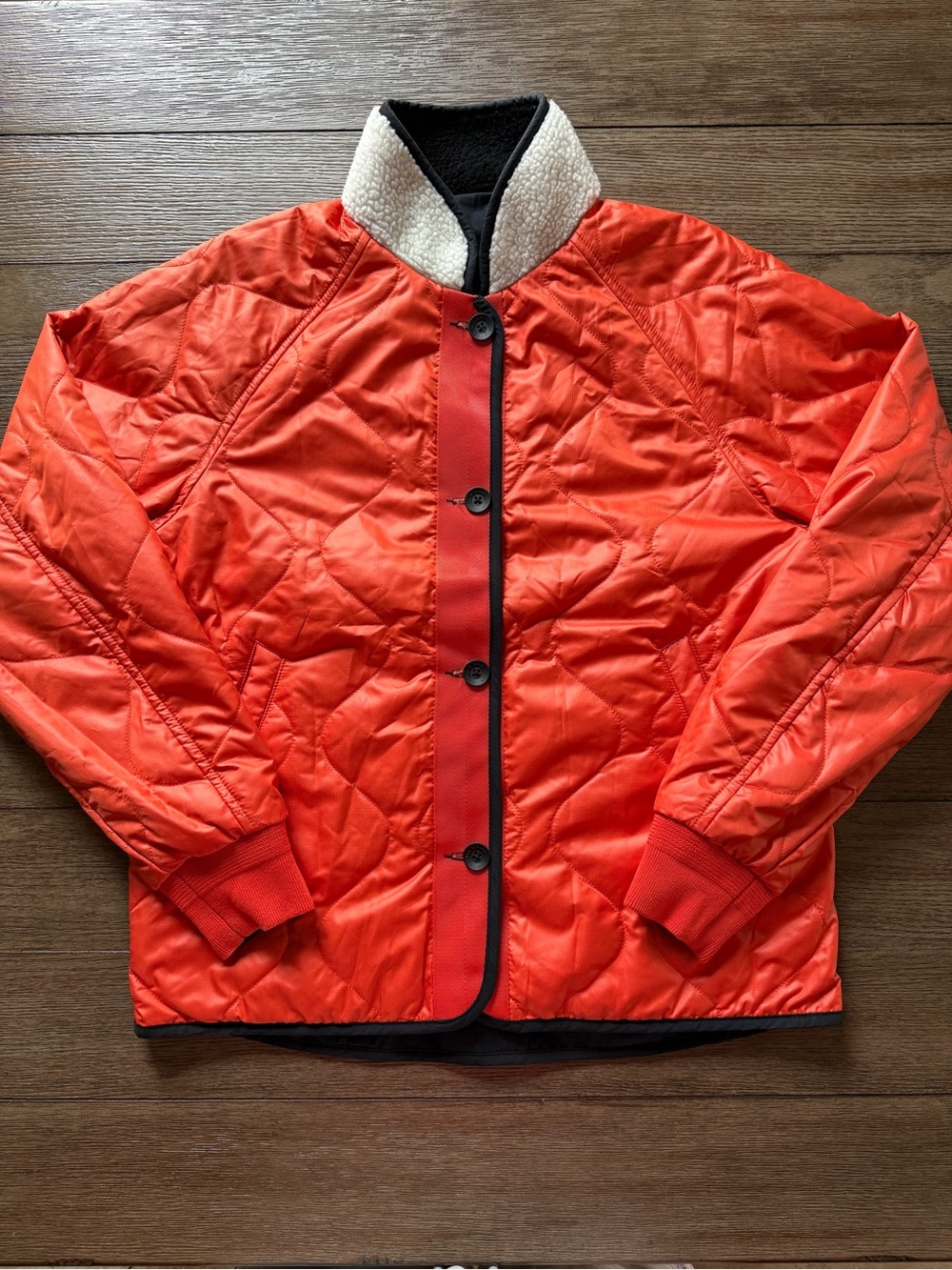 Rag & Bone - Men’s Reversible Orange & Black Quilted Bomber Jacket with Sherpa